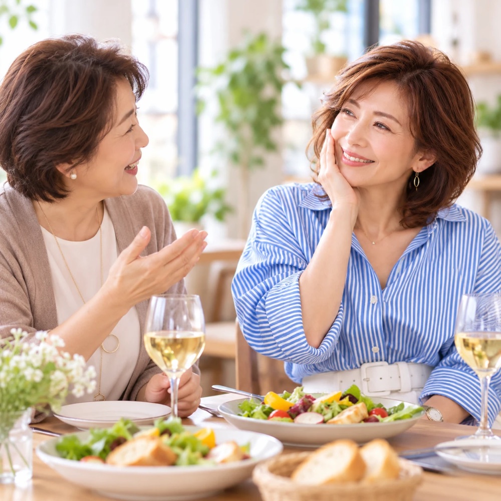 友人と食事を楽しむ女性